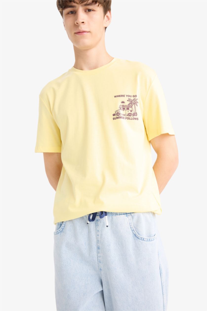 Man Yellow Regular Fit Crew Neck Printed Short Sleeve T-Shirt