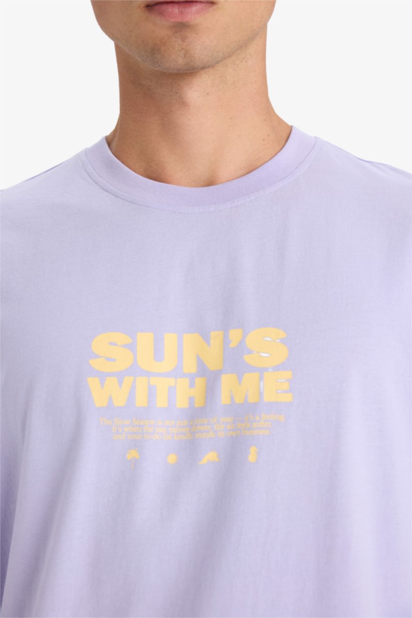 Erkek Lila %100 Pamuk Regular Fit Bisiklet Yaka Baskılı Kısa Kollu Tişört