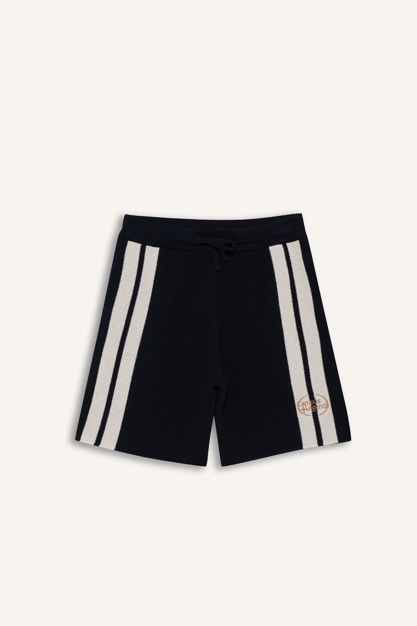 Erkek Lacivert Standart Fit Beli Bağcıklı Renk Bloklu Triko Şort