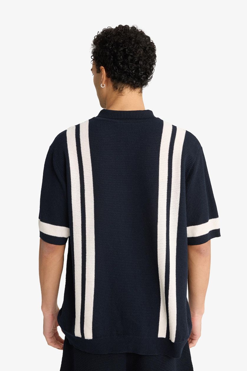 Erkek Lacivert Relax Fit Polo Yaka Kısa kollu Düğmeli Tişört