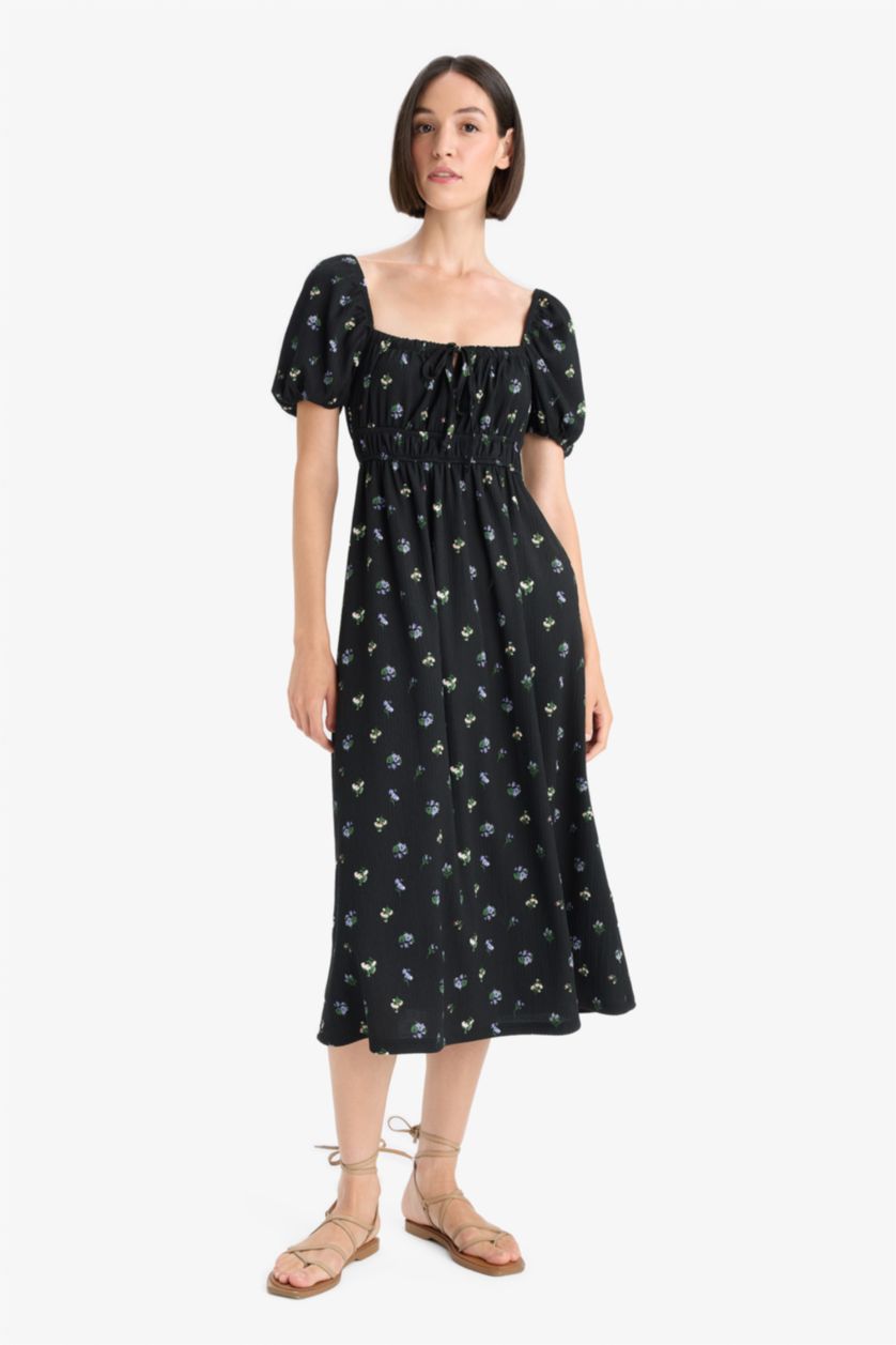 Woman Black Square Collar Floral Midi Dress