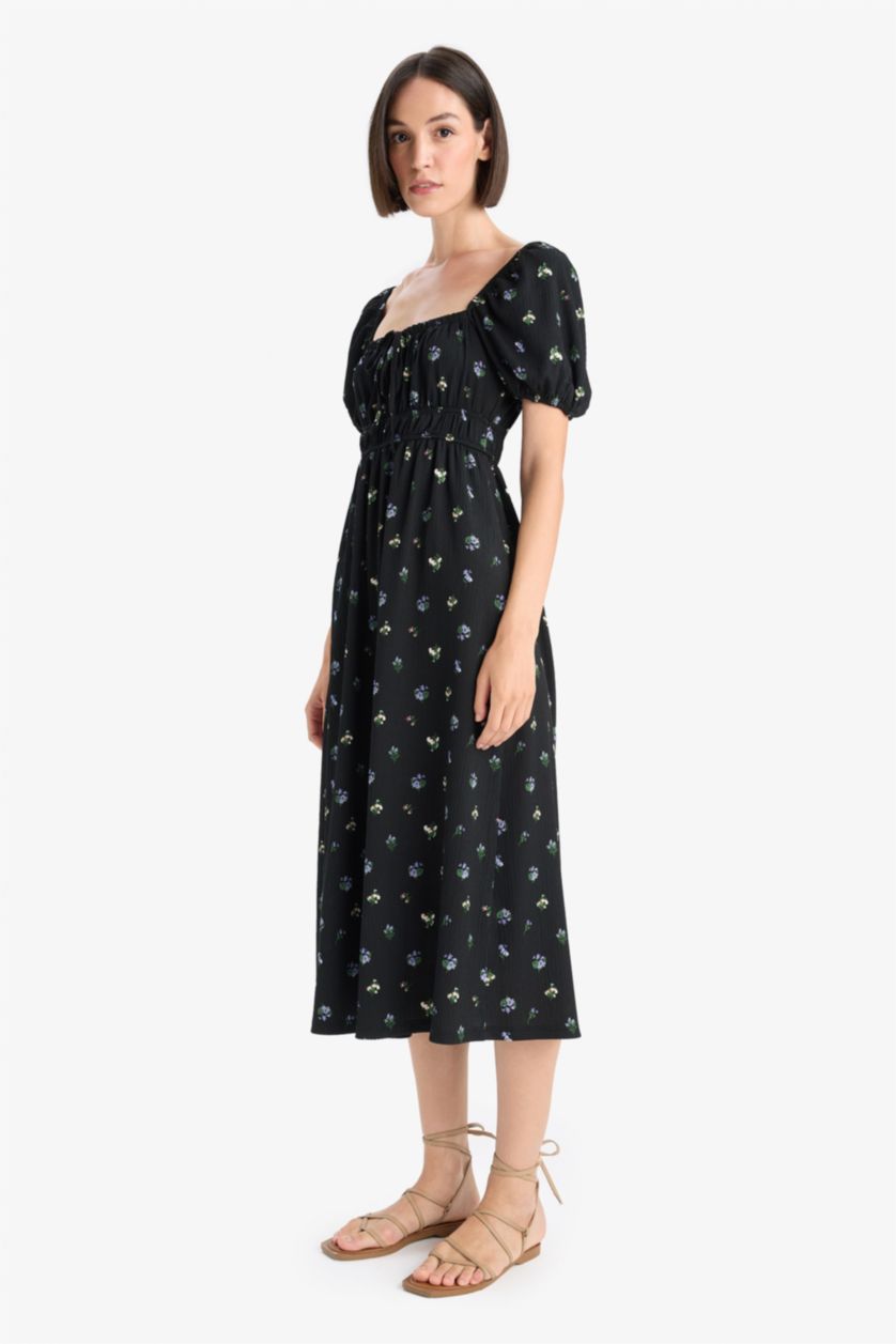 Woman Black Square Collar Floral Midi Dress