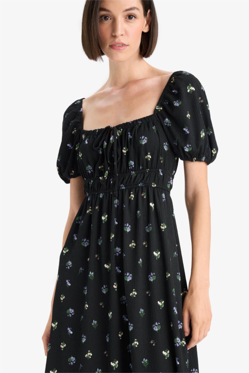 Woman Black Square Collar Floral Midi Dress