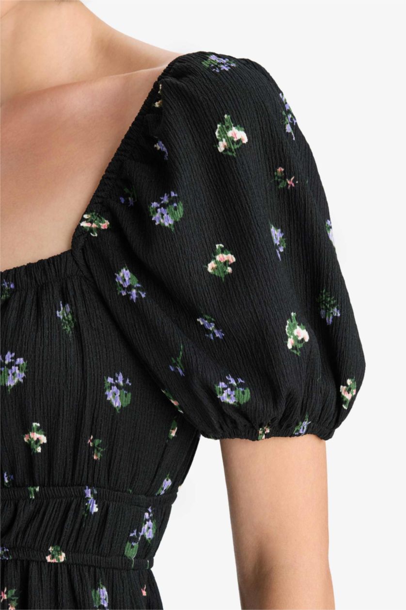Woman Black Square Collar Floral Midi Dress