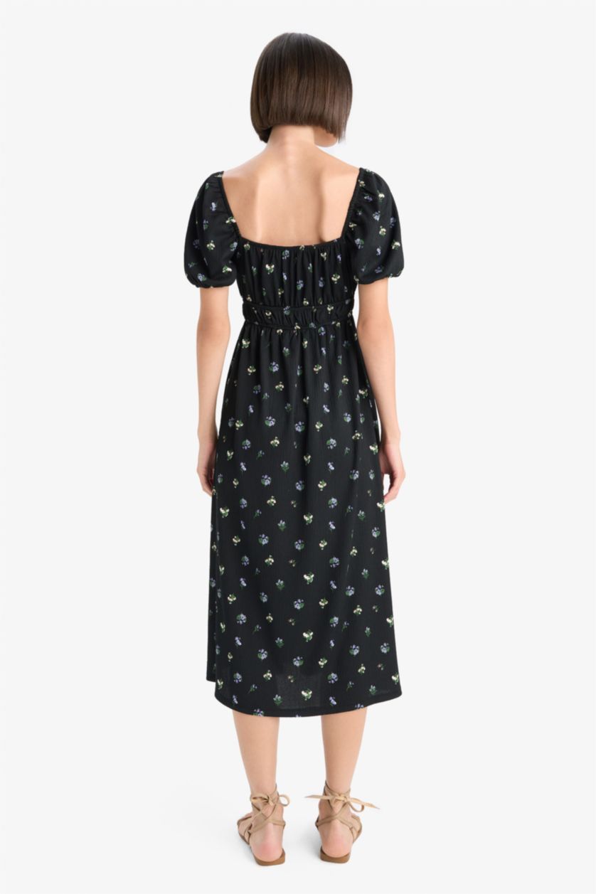 Woman Black Square Collar Floral Midi Dress