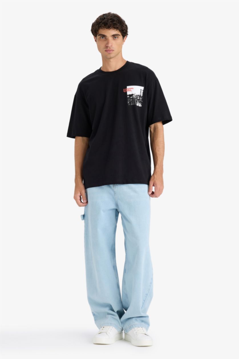 Erkek Siyah %100 Pamuk Boxy Fit Bisiklet Yaka Baskılı Kısa Kollu Tişört