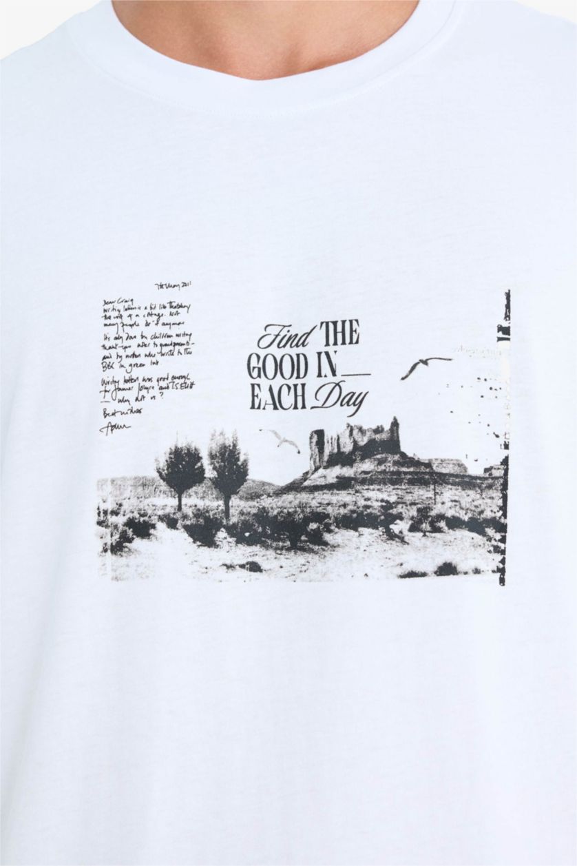 Erkek Beyaz %100 Pamuk Boxy Fit Bisiklet Yaka Baskılı Kısa Kollu Tişört