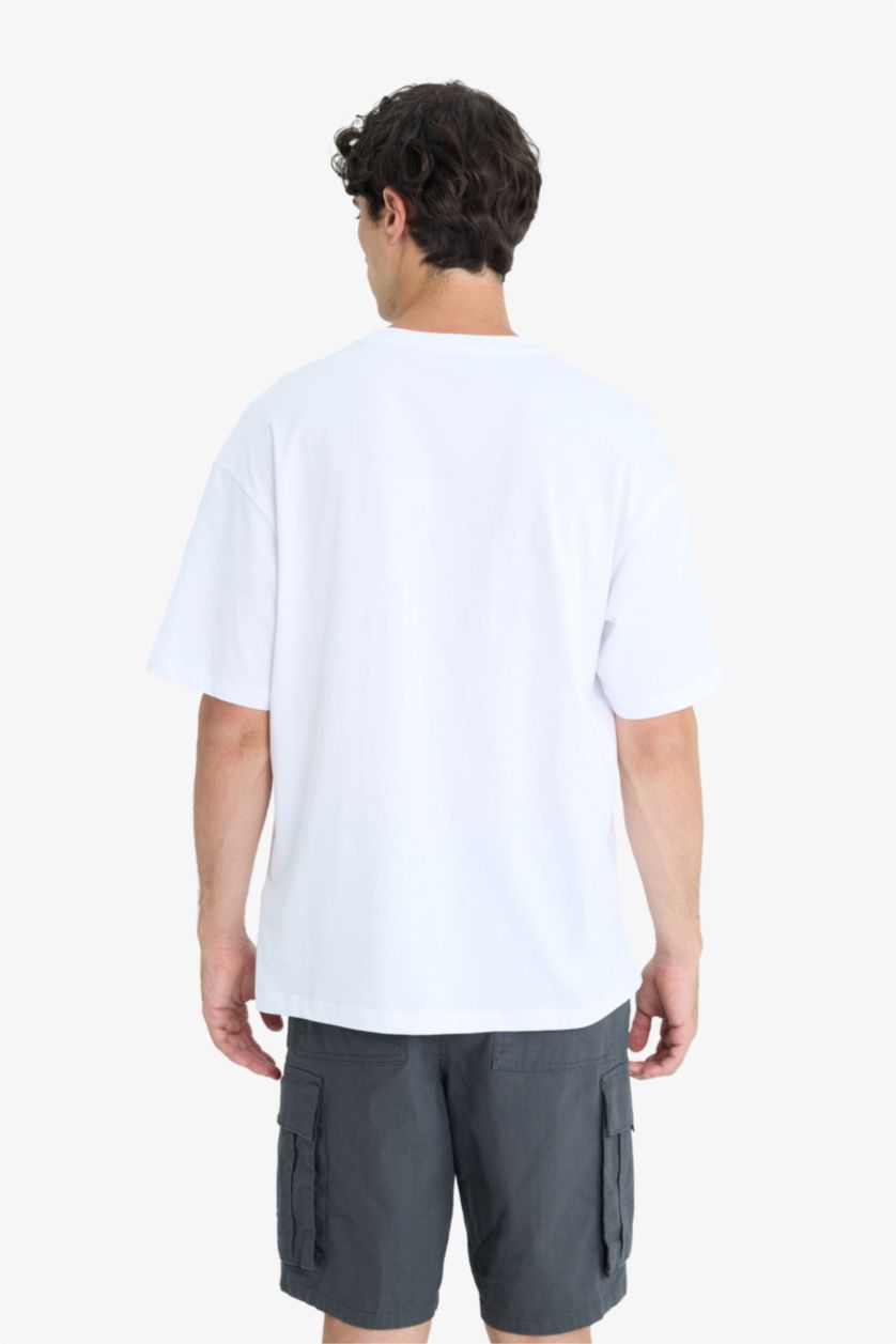 Erkek Beyaz %100 Pamuk Boxy Fit Bisiklet Yaka Baskılı Kısa Kollu Tişört