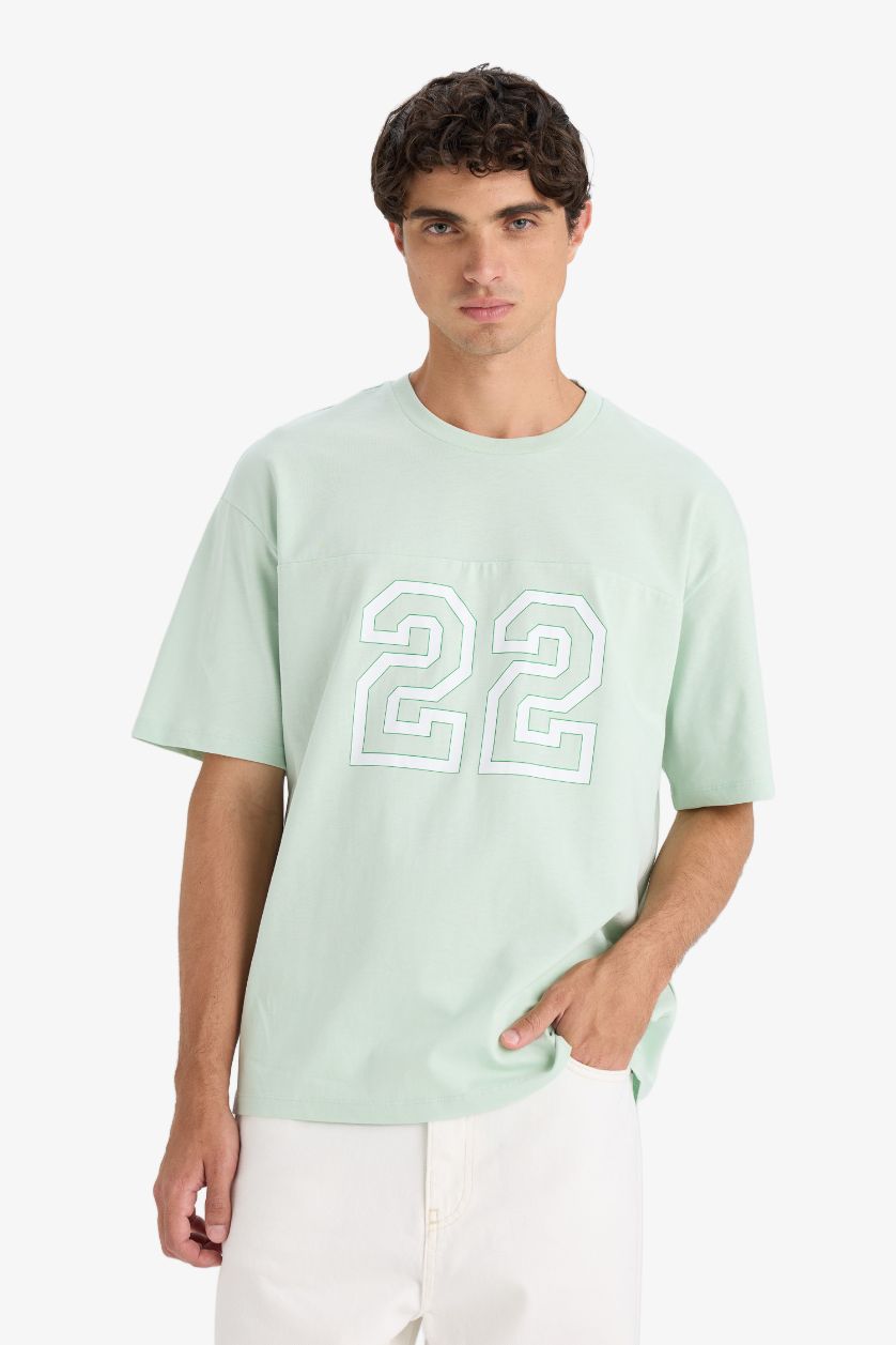 Erkek Mint Boxy Fıt Bisiklet Yaka Baskılı Kısa Kollu Tişört