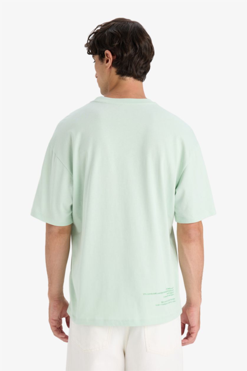 Erkek Mint Boxy Fıt Bisiklet Yaka Baskılı Kısa Kollu Tişört