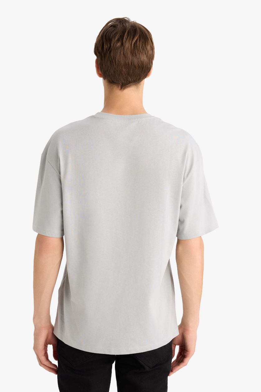 Erkek Gri Boxy Fıt Bisiklet Yaka Baskılı Kısa Kollu Tişört