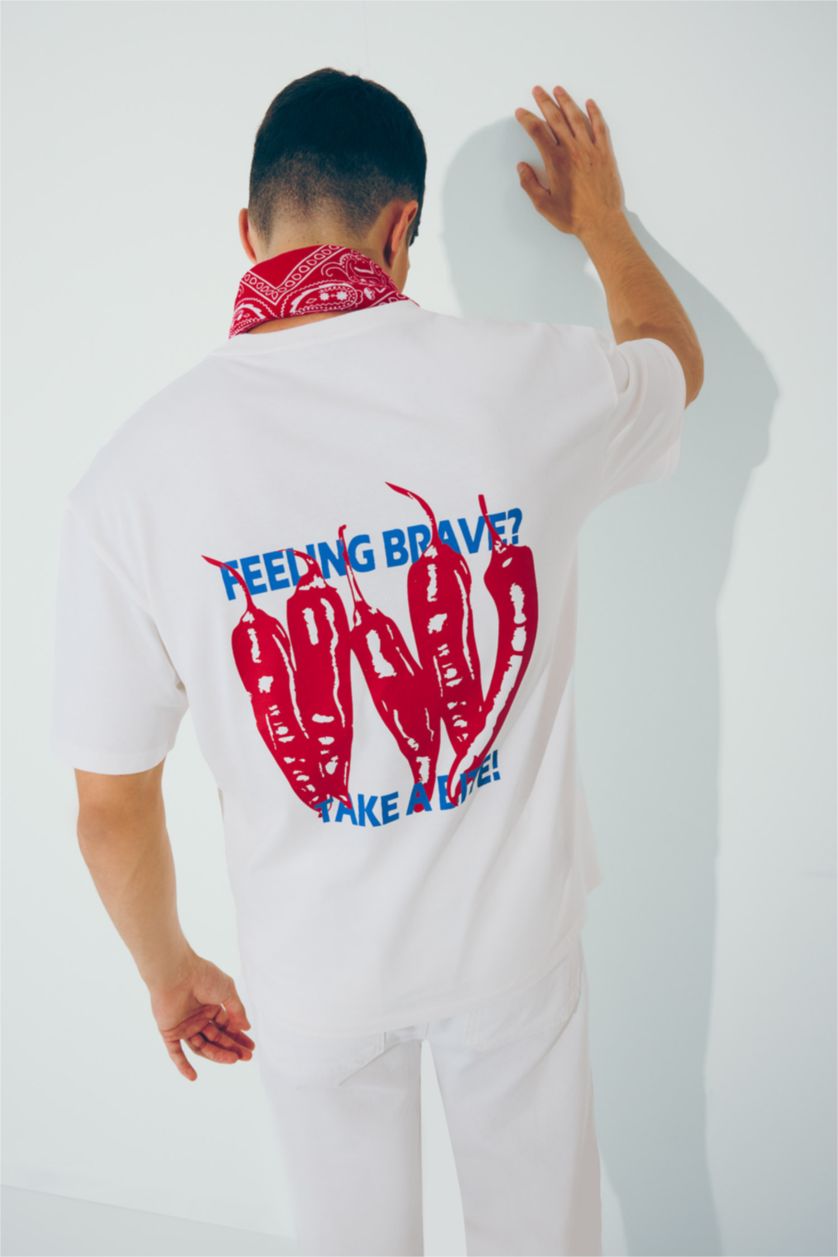 Erkek Kırık Beyaz %100 Pamuk Boxy Fit Bisiklet Yaka Sırt Baskılı Kısa Kollu Tişört