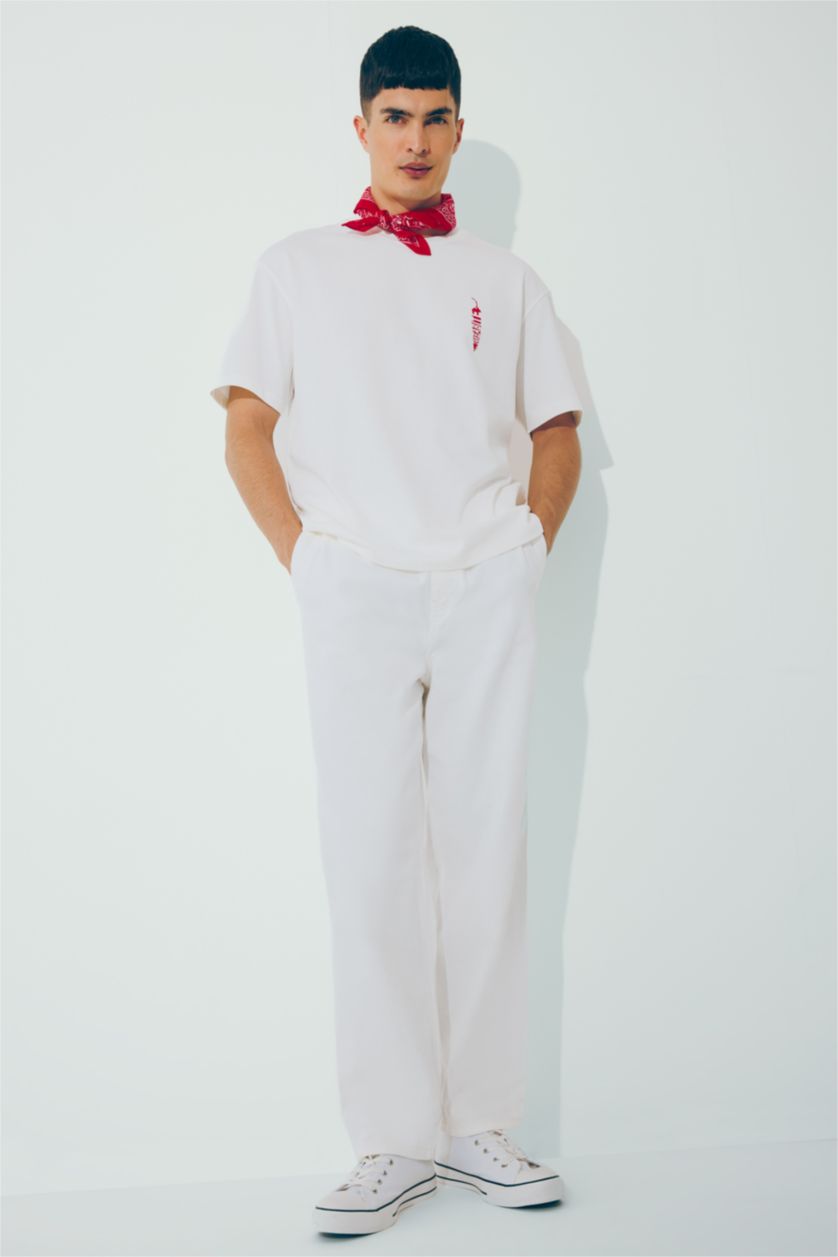 Erkek Kırık Beyaz %100 Pamuk Boxy Fit Bisiklet Yaka Sırt Baskılı Kısa Kollu Tişört