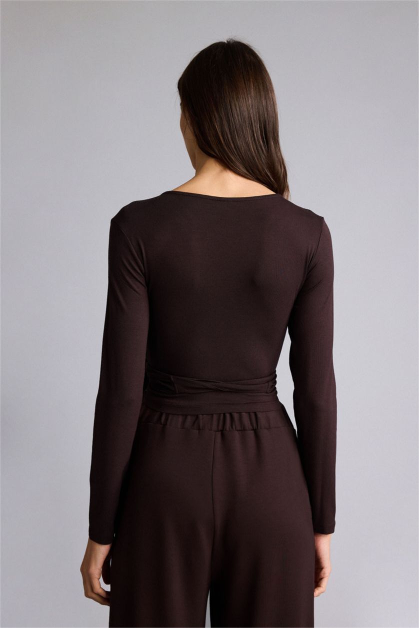 Kadın Kahve Kuşaklı Uzun Kollu Tişört