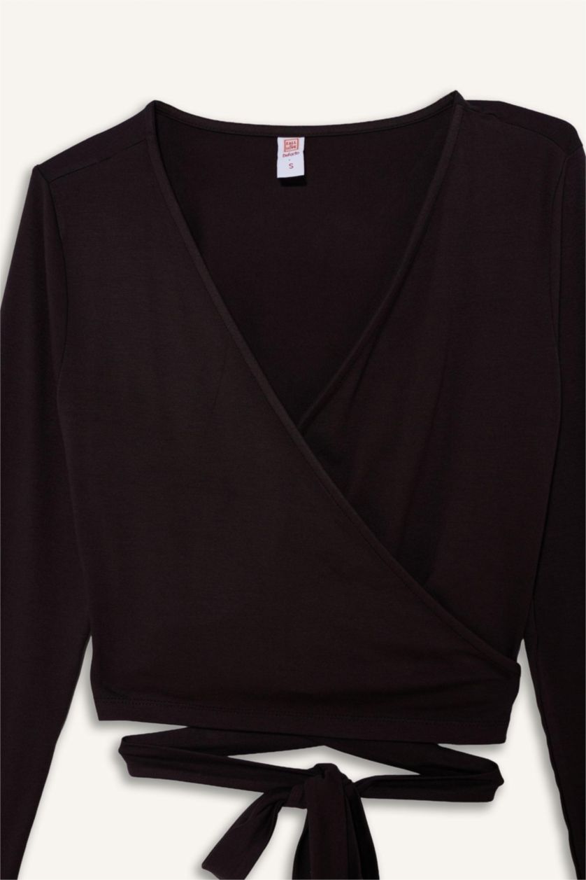 Kadın Kahve Kuşaklı Uzun Kollu Tişört