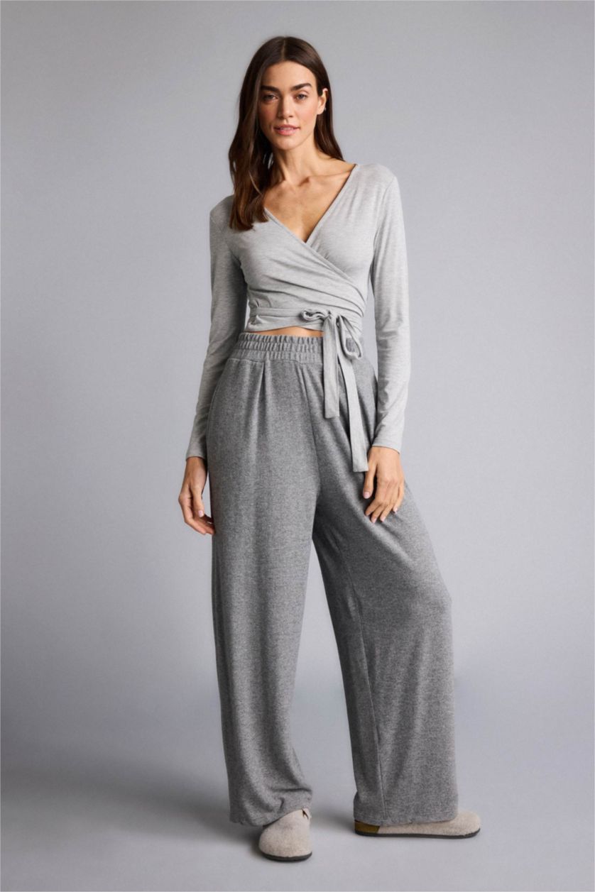 Kadın Gri Melanj Kuşaklı Uzun Kollu Tişört