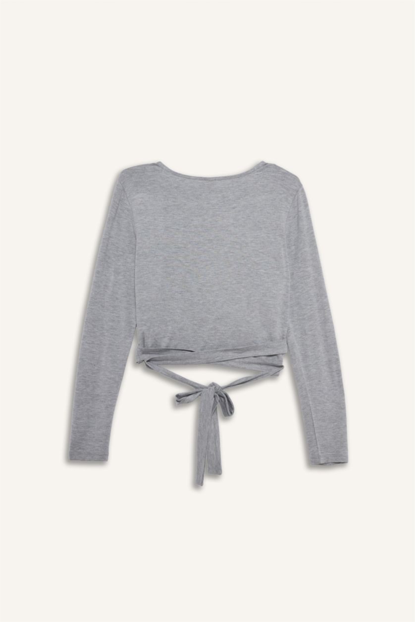 WOMAN Grey Melange Fall in Love Belted Long Sleeve T-Shirt