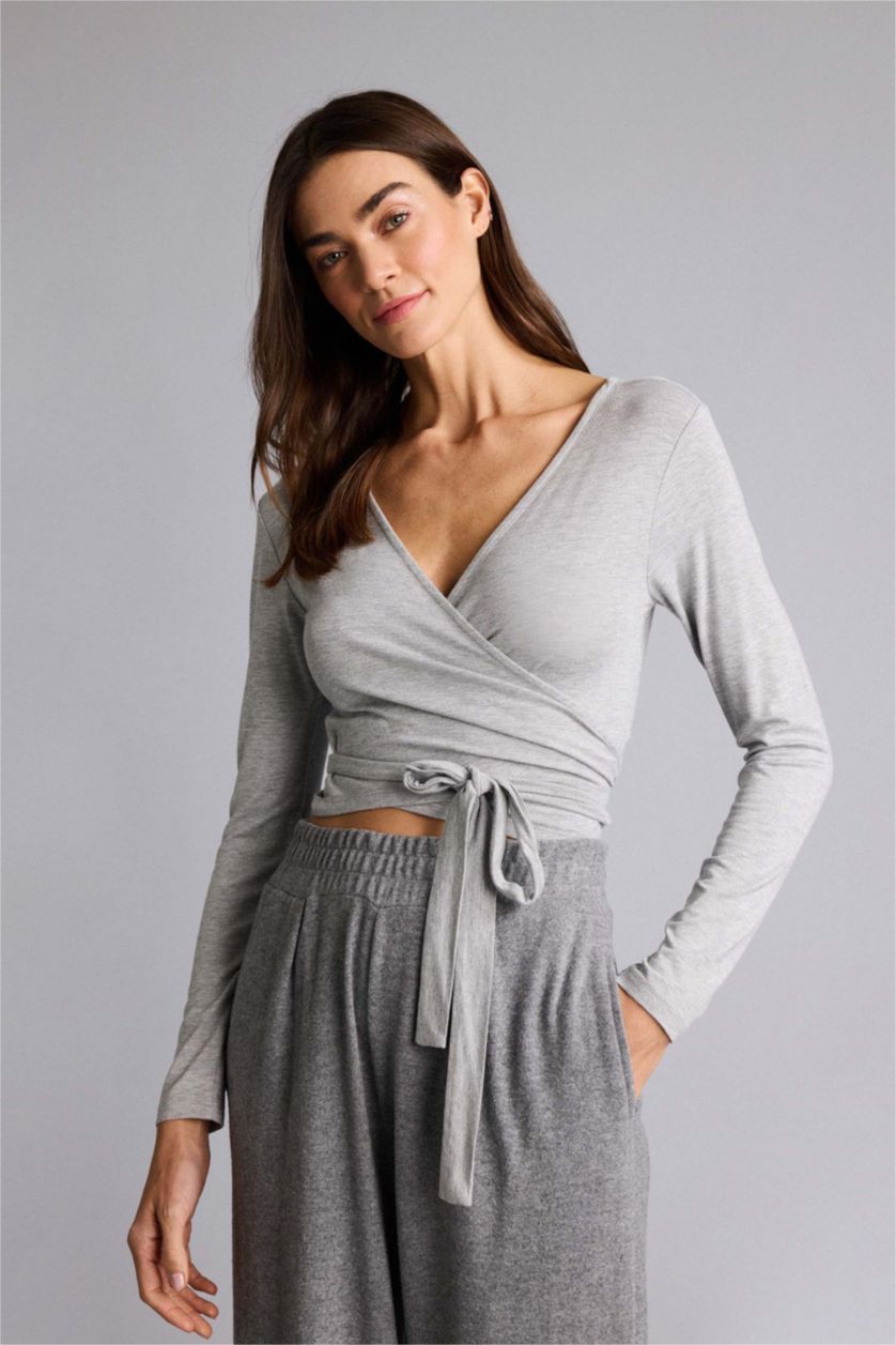 Kadın Gri Melanj Kuşaklı Uzun Kollu Tişört