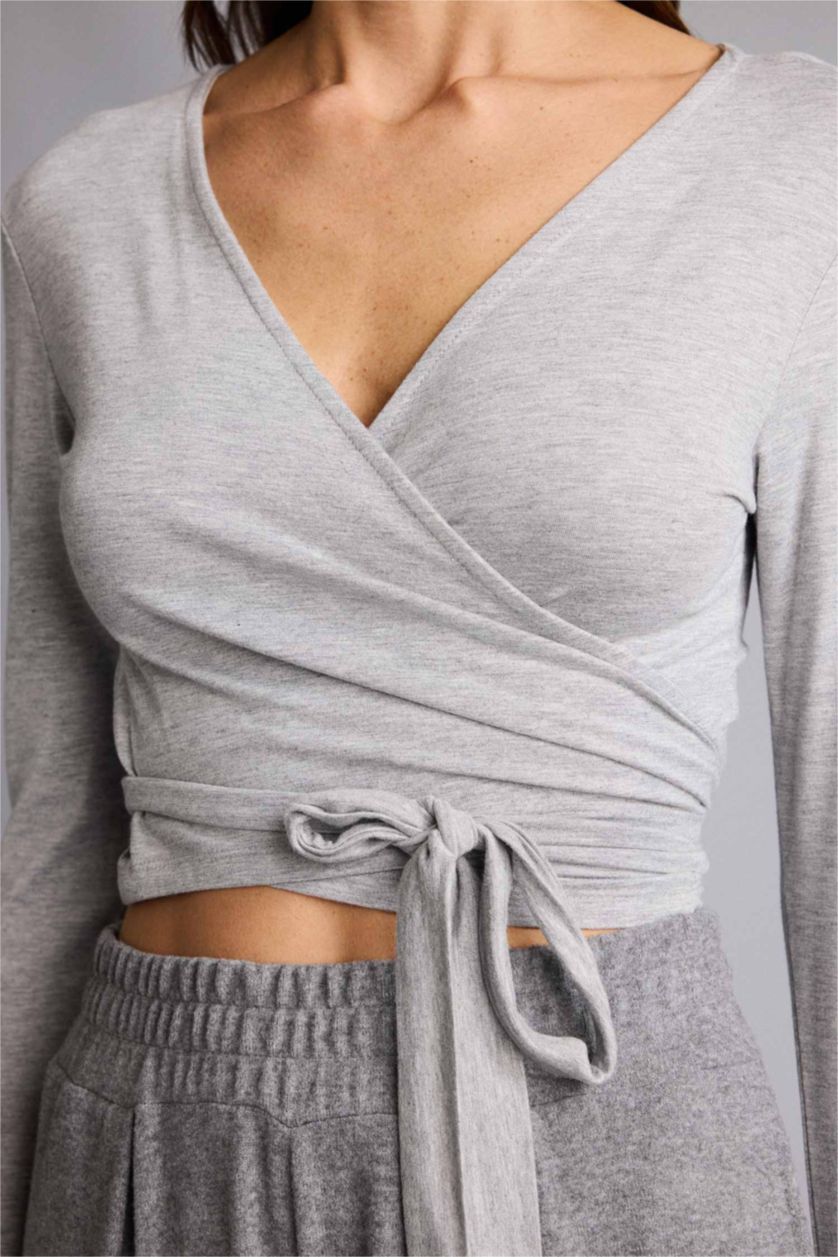 Kadın Gri Melanj Kuşaklı Uzun Kollu Tişört