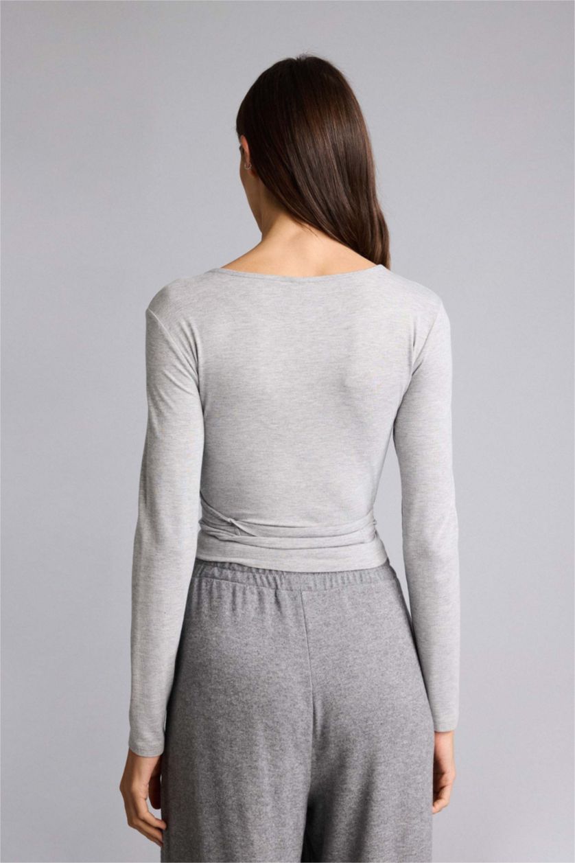Kadın Gri Melanj Kuşaklı Uzun Kollu Tişört