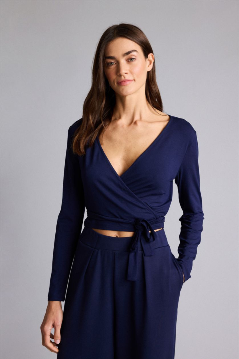 Kadın Lacivert Kuşaklı Uzun Kollu Tişört