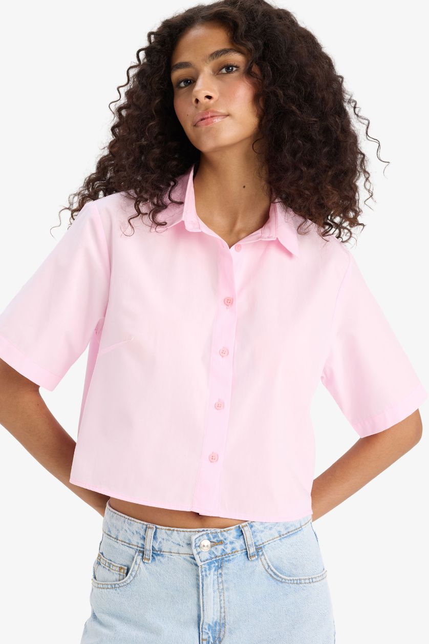 Kadın Açık Pembe Regular Fit Poplin Kısa Kollu Gömlek