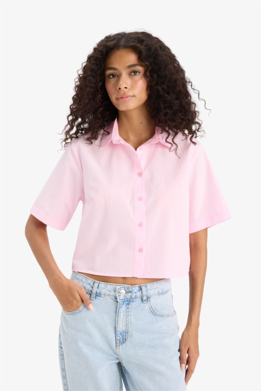 Kadın Açık Pembe Regular Fit Poplin Kısa Kollu Gömlek