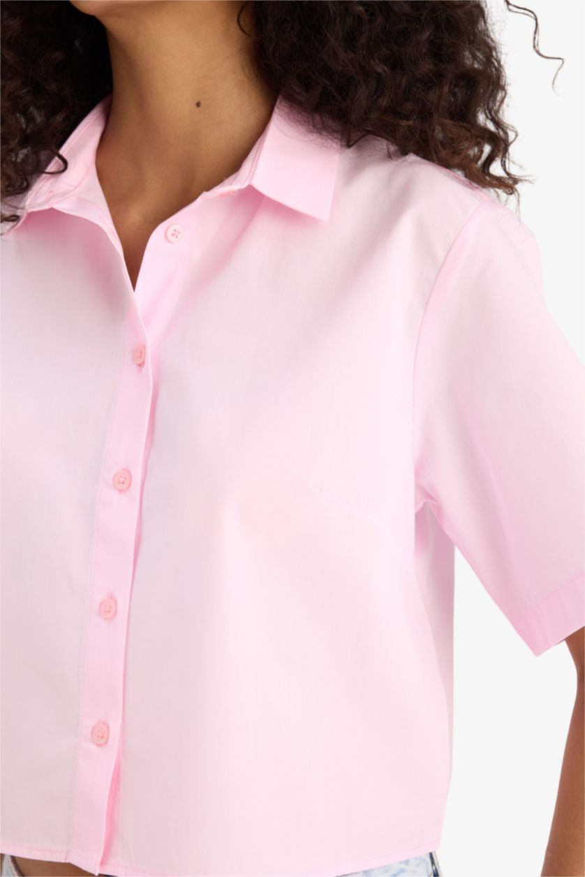 Kadın Açık Pembe Regular Fit Poplin Kısa Kollu Gömlek