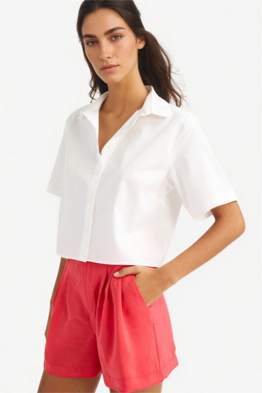 WOMAN White Regular Fit Shirt Collar Poplin Short Sleeve Shirt