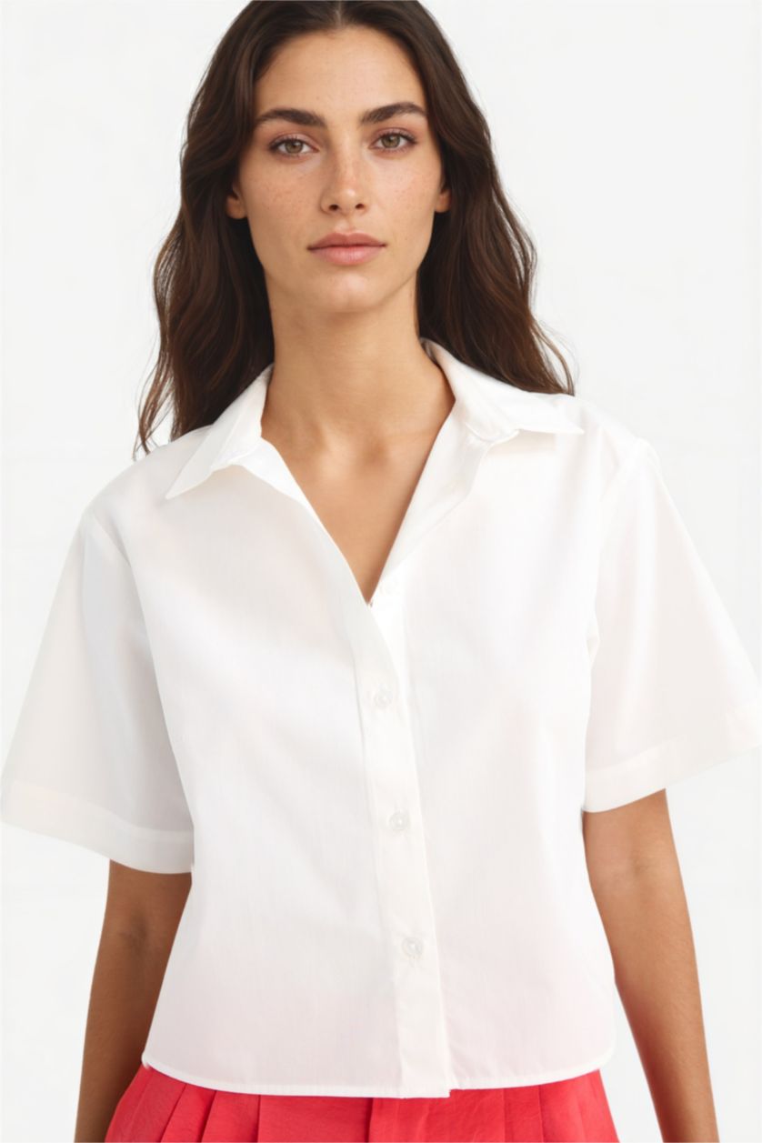 WOMAN White Regular Fit Shirt Collar Poplin Short Sleeve Shirt
