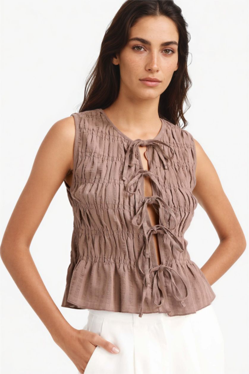 WOMAN Light Brown Slim Fit Crew Neck Tie Front Sleeveless Blouse