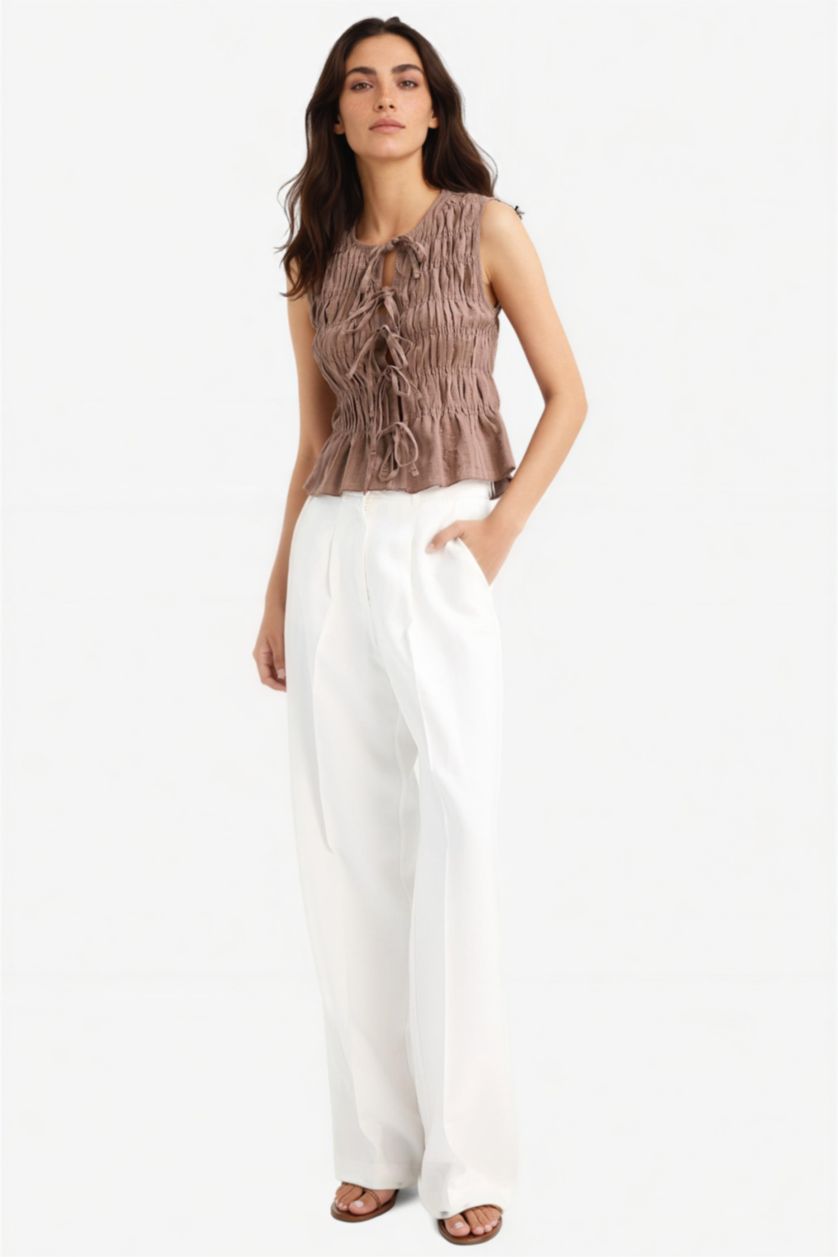 WOMAN Light Brown Slim Fit Crew Neck Tie Front Sleeveless Blouse