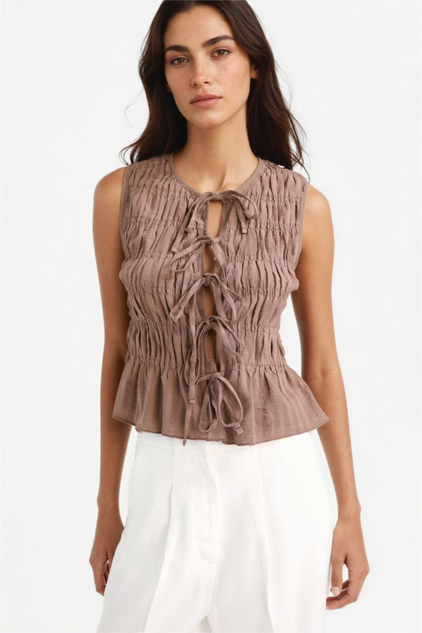 WOMAN Light Brown Slim Fit Crew Neck Tie Front Sleeveless Blouse