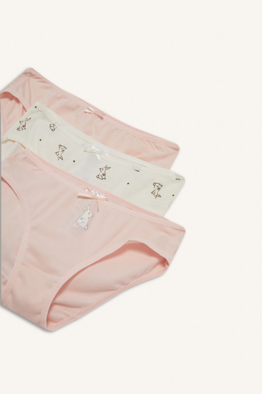 Kız Çocuk - Genç Kız Beyaz %100 Pamuklu Baskılı Ribana 3'lü Slip Külot Kız Çocuk