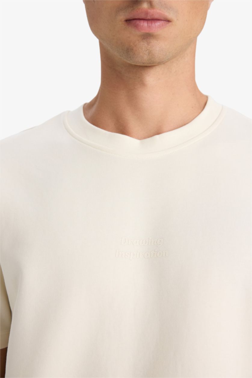 Erkek Ekru Regular Fit Bisiklet Yaka Kısa Kollu Tişört