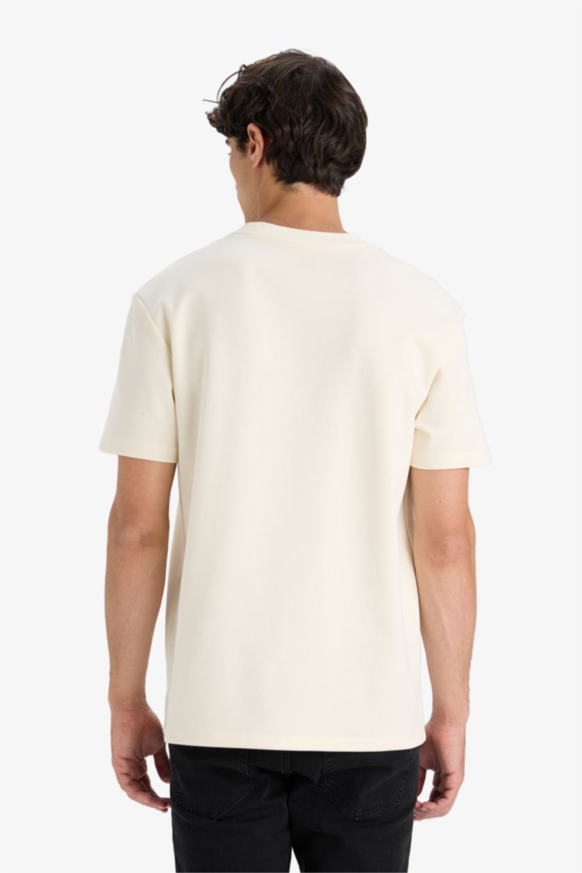 Erkek Ekru Regular Fit Bisiklet Yaka Kısa Kollu Tişört