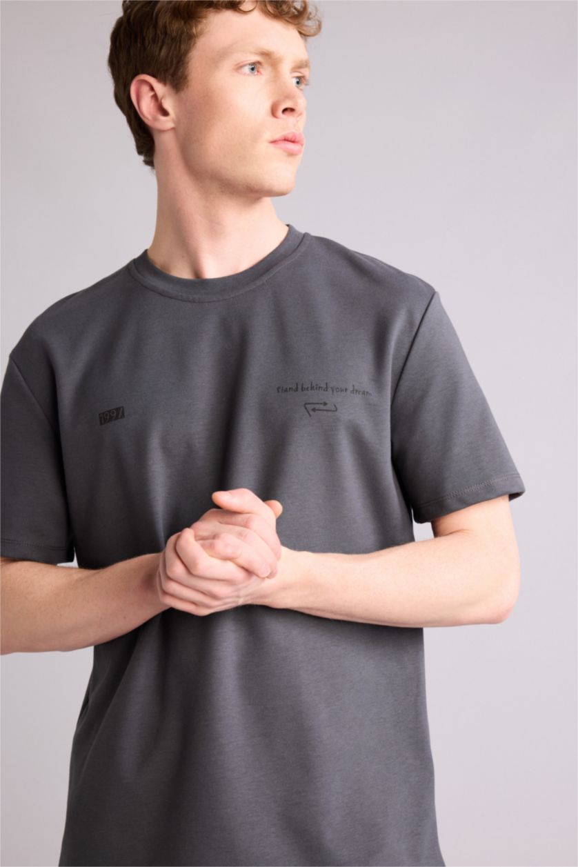 Erkek Antrasit Regular Fıt Bisiklet Yaka Baskılı Kısa Kollu Tişört