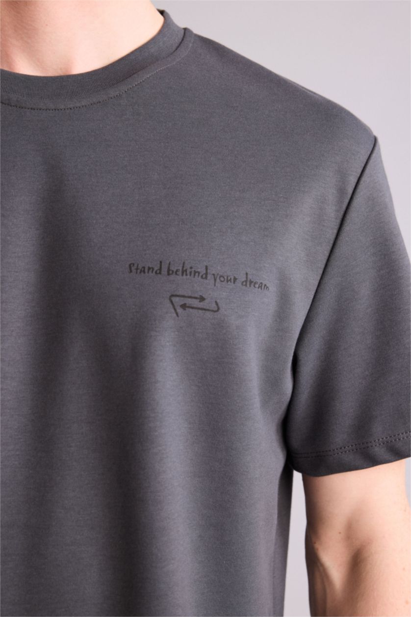 Erkek Antrasit Regular Fıt Bisiklet Yaka Baskılı Kısa Kollu Tişört