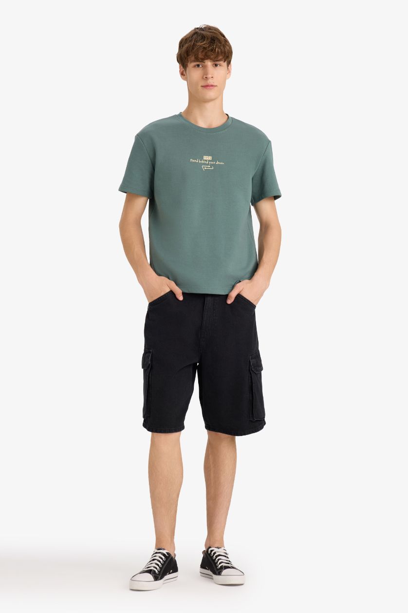 Man Green Boxy Fit Crew Neck Printed Short Sleeve T-Shirt