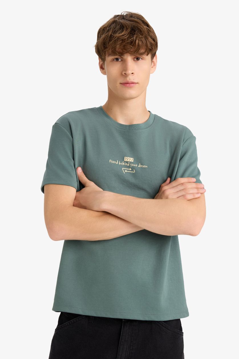 Man Green Boxy Fit Crew Neck Printed Short Sleeve T-Shirt