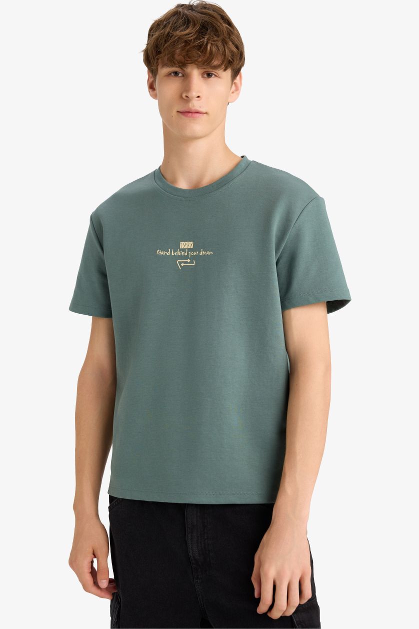 Man Green Boxy Fit Crew Neck Printed Short Sleeve T-Shirt