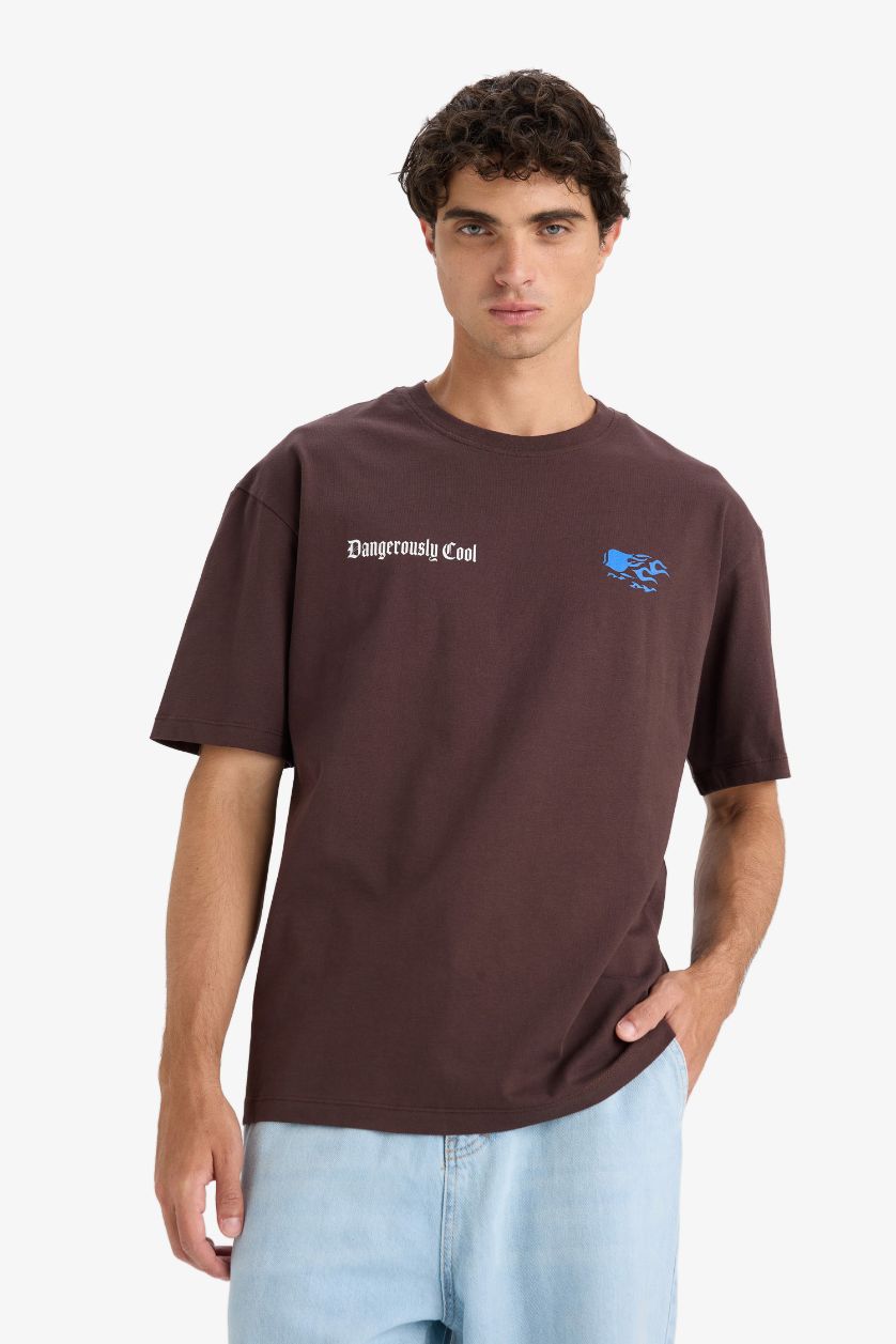 Erkek Kahve Boxy Fıt Bisiklet Yaka Baskılı Kısa Kollu Tişört