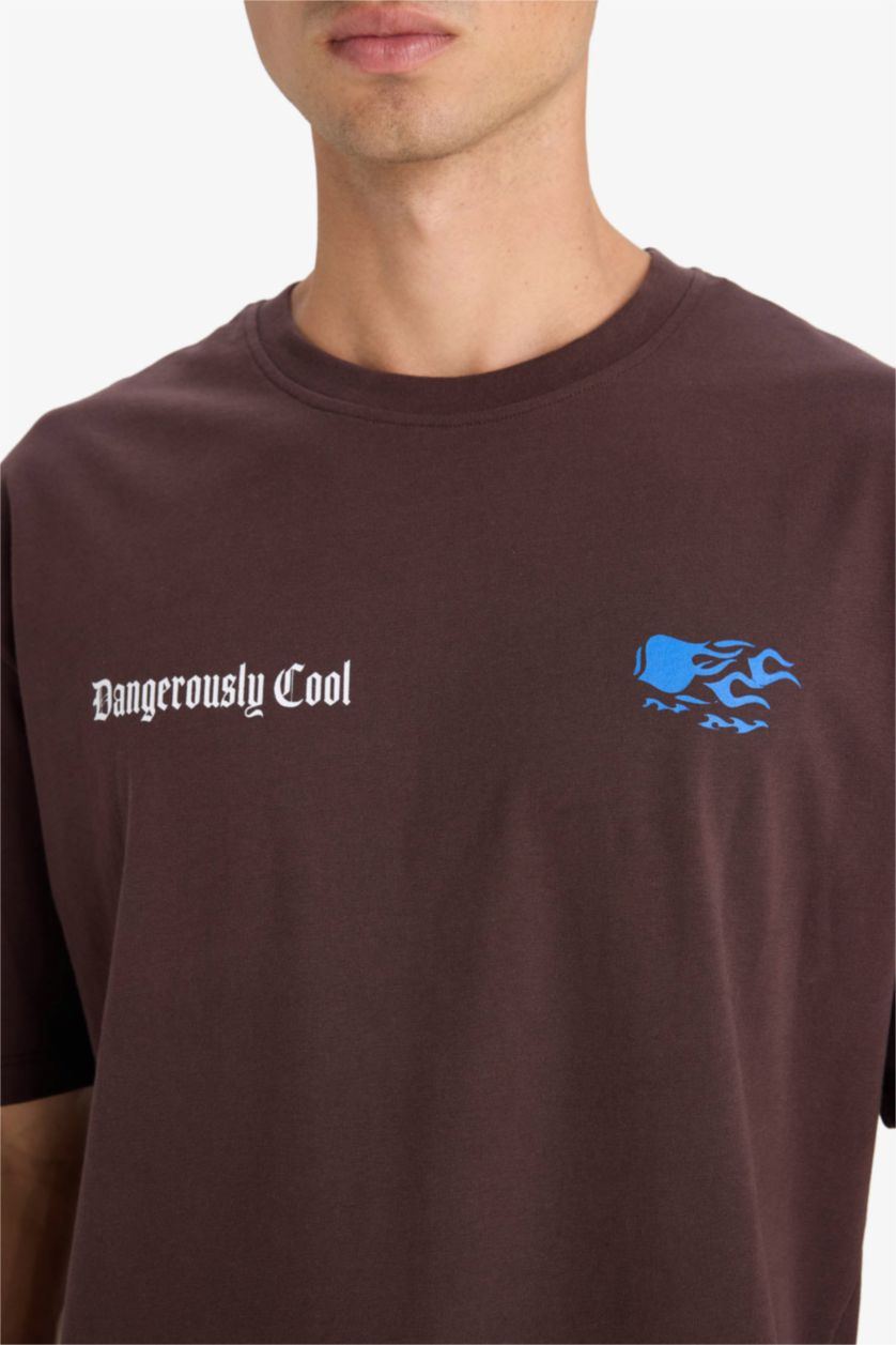 Erkek Kahve Boxy Fıt Bisiklet Yaka Baskılı Kısa Kollu Tişört