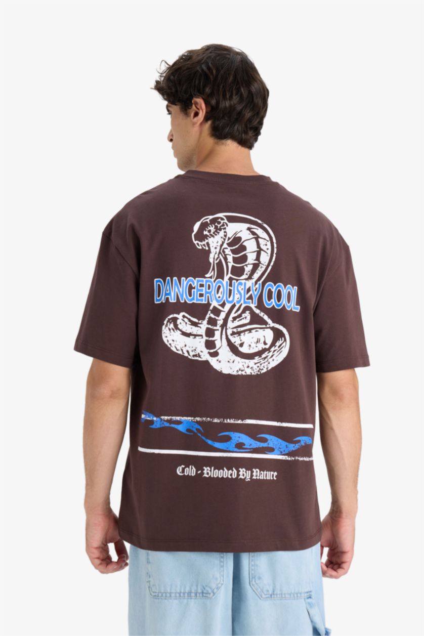 Erkek Kahve Boxy Fıt Bisiklet Yaka Baskılı Kısa Kollu Tişört