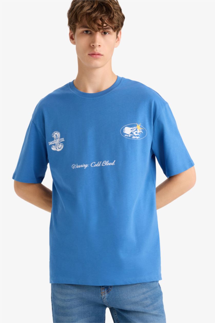 Erkek Mavi Boxy Fıt Bisiklet Yaka Baskılı Kısa Kollu Tişört