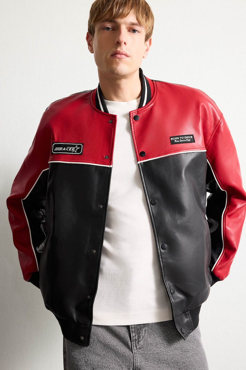 Men Black Oversize Faux Leather Jacket