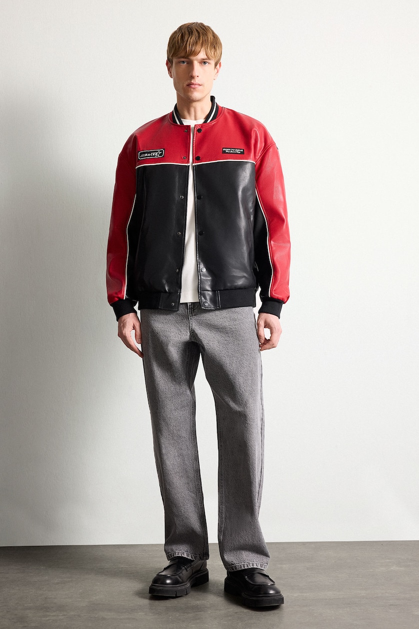 Men Black Oversize Faux Leather Jacket
