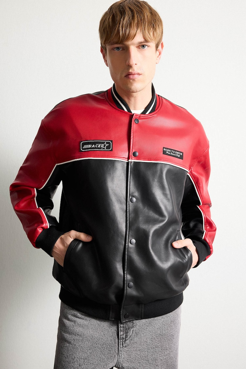 Men Black Oversize Faux Leather Jacket