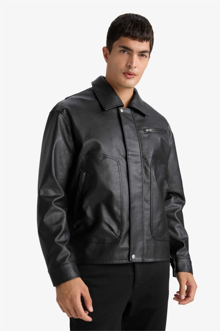 Man Black Faux Leather Jacket