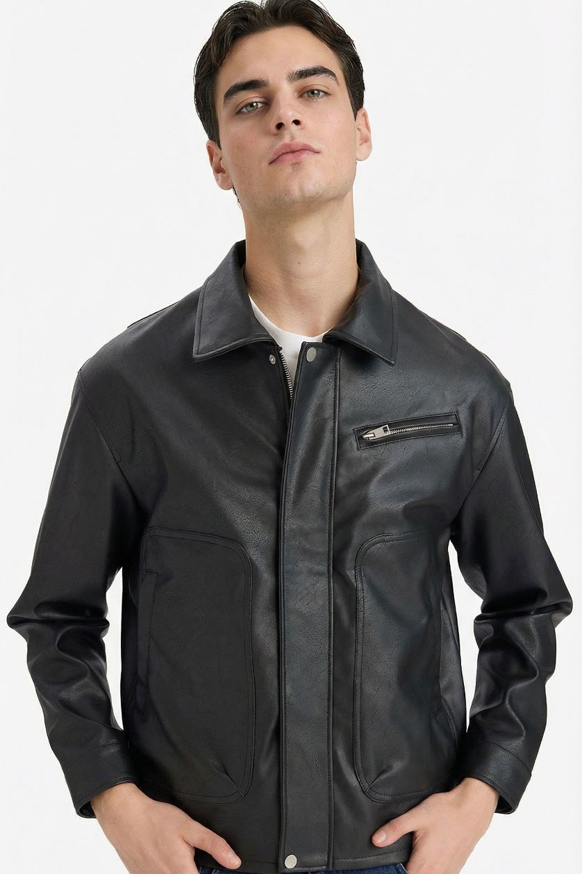 Erkek Siyah Oversıze Gömlek Yaka Fermuarlı Suni Deri Mont